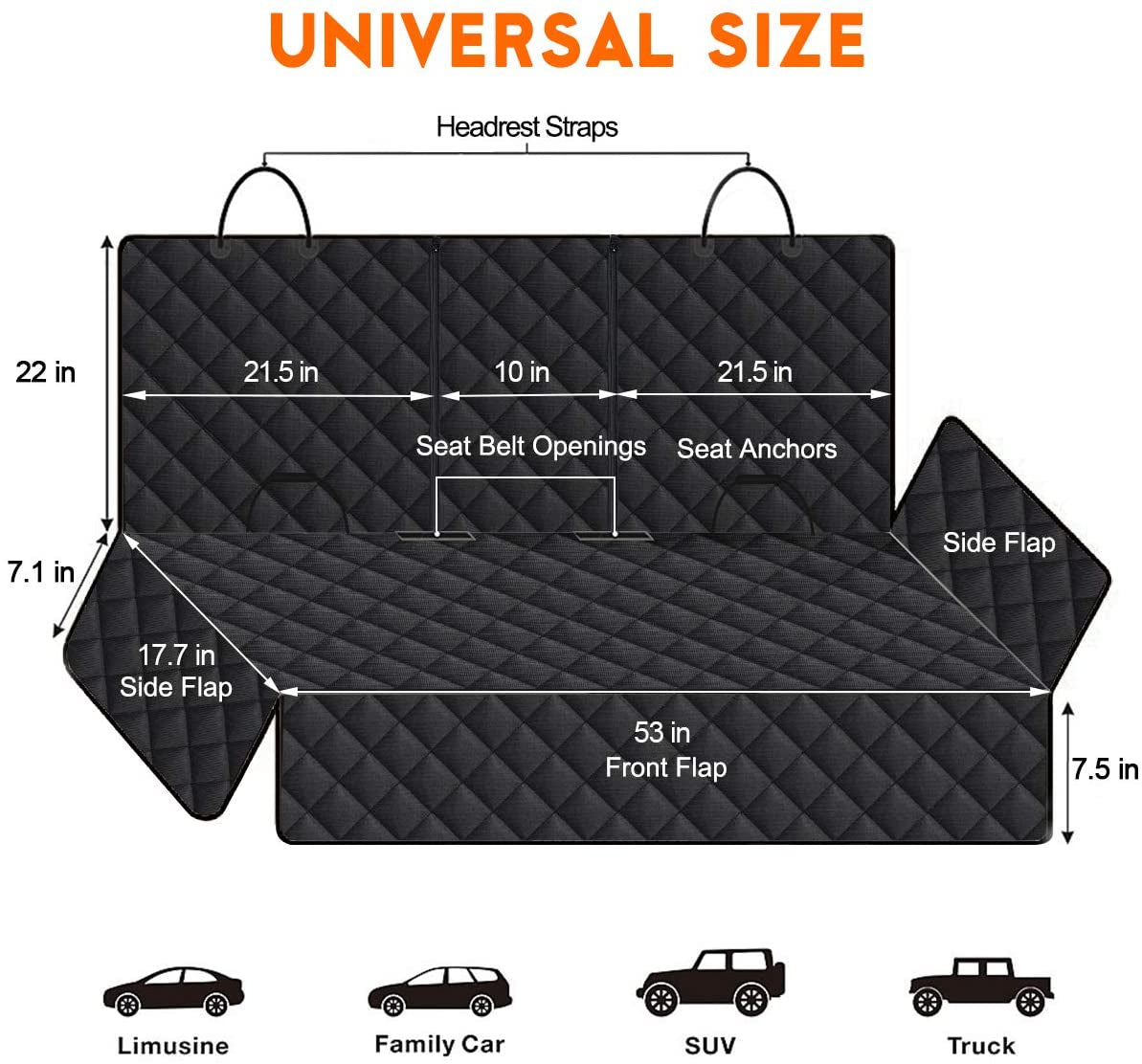 Dog Car Seat Cover, Back Seat Cover for Dogs Pet Car Seat Protector Waterproof Bench Car Seat Cover, Non-Slip Rear Seat Cover Fits Middle Armrest for Most Cars Suvs Trucks - Black