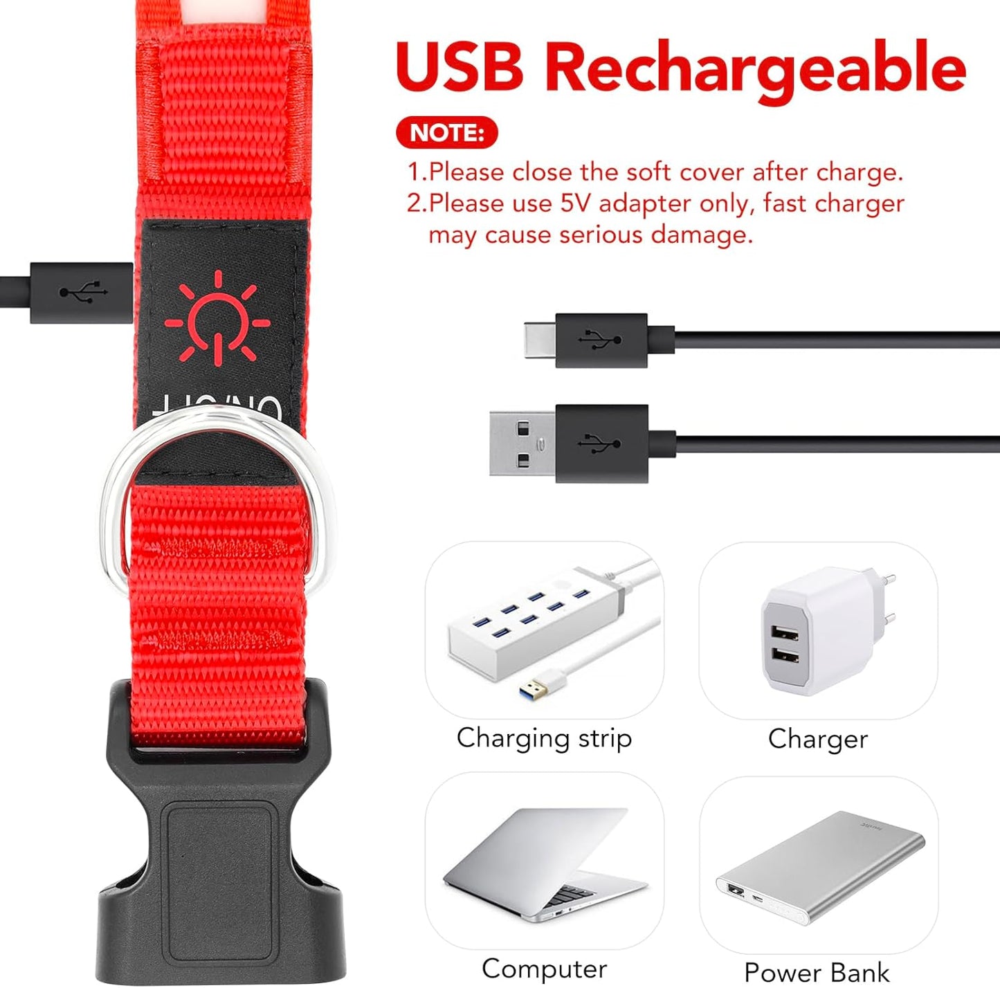 LED Dog Collar, Light up Dog Collar Adjustable USB Rechargeable Super Bright Safety Light Glowing Collars for Dogs(Medium,Red)