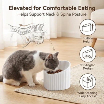 White Ceramic Raised Cat Bowls, Tilted Elevated Food or Water Bowls, Stress Free, Backflow Prevention, Dishwasher and Microwave Safe, Lead & Cadmium Free