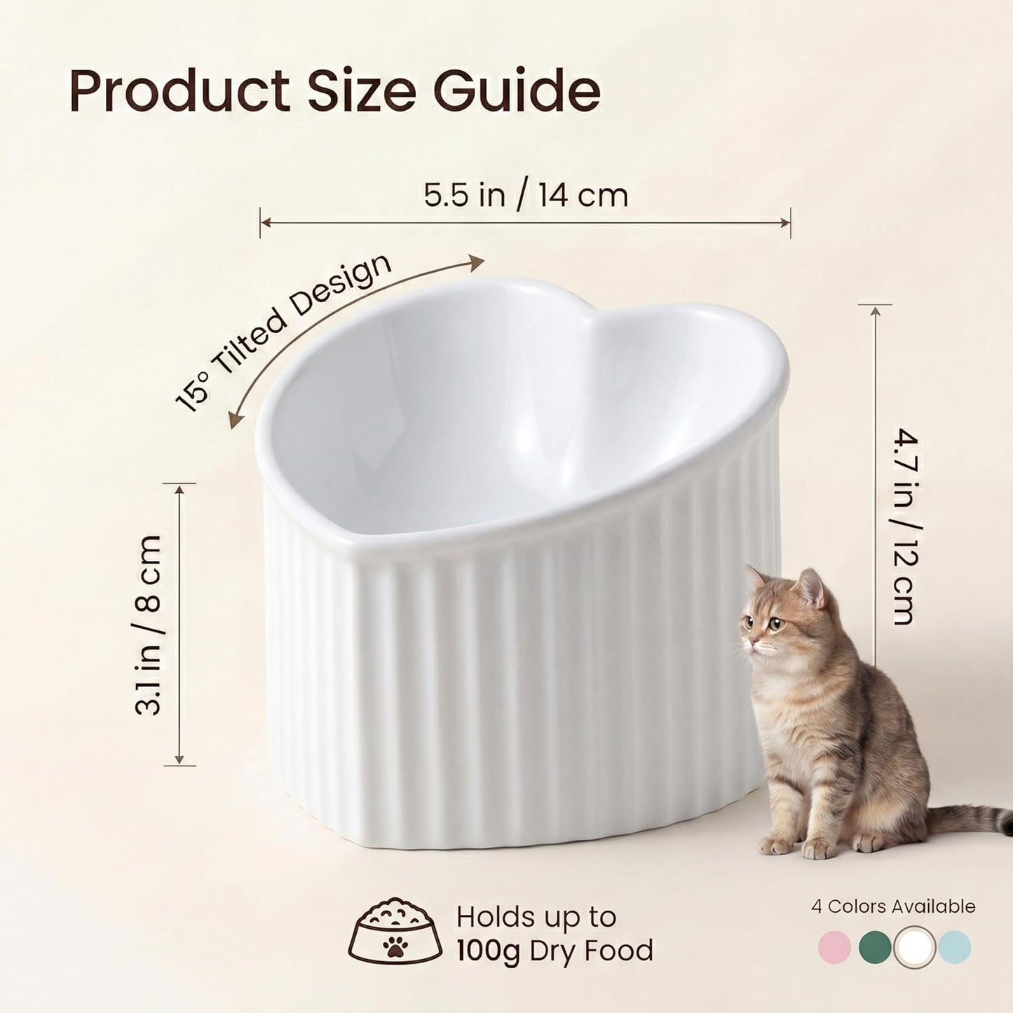 White Ceramic Raised Cat Bowls, Tilted Elevated Food or Water Bowls, Stress Free, Backflow Prevention, Dishwasher and Microwave Safe, Lead & Cadmium Free