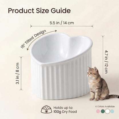 White Ceramic Raised Cat Bowls, Tilted Elevated Food or Water Bowls, Stress Free, Backflow Prevention, Dishwasher and Microwave Safe, Lead & Cadmium Free